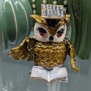 Gold and Silver Hinged Owl Figurine Box with Rhinestones
